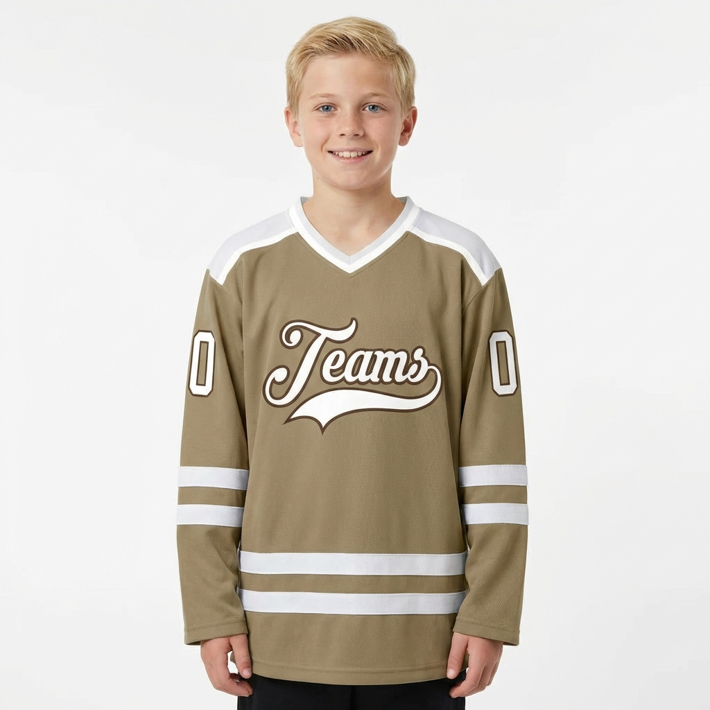 Custom Khaki & White/Brown Hockey Jersey