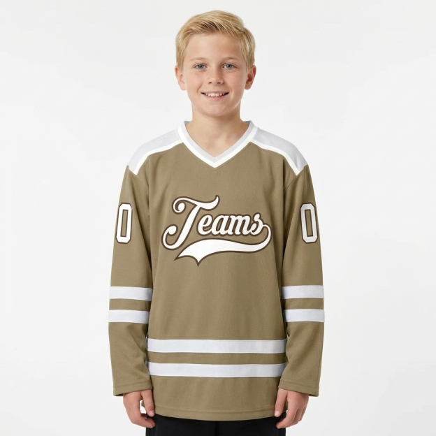 Custom Khaki & White/Brown Hockey Jersey