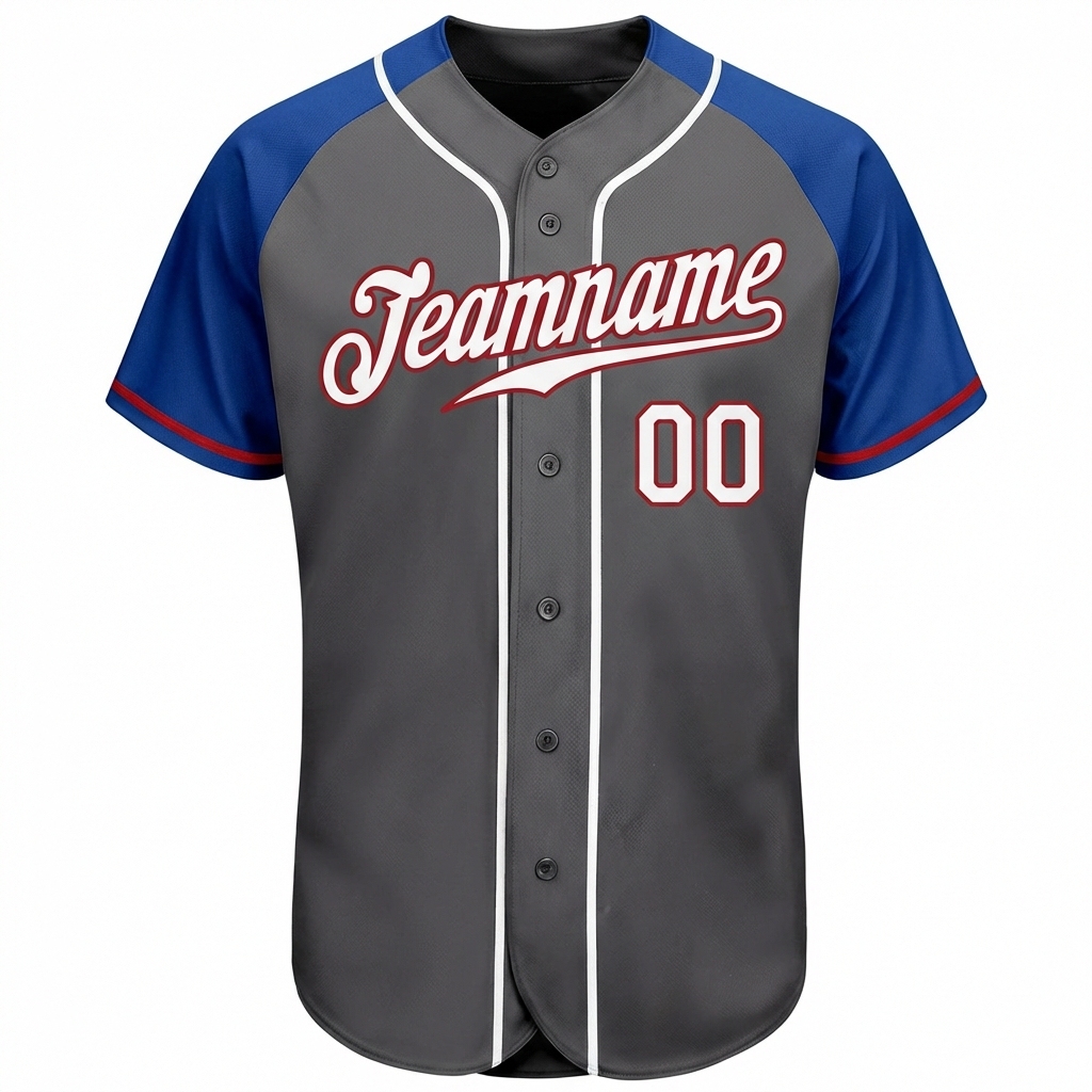 Custom Dark Grey & White/Blue Raglan Sleeves Baseball Jersey