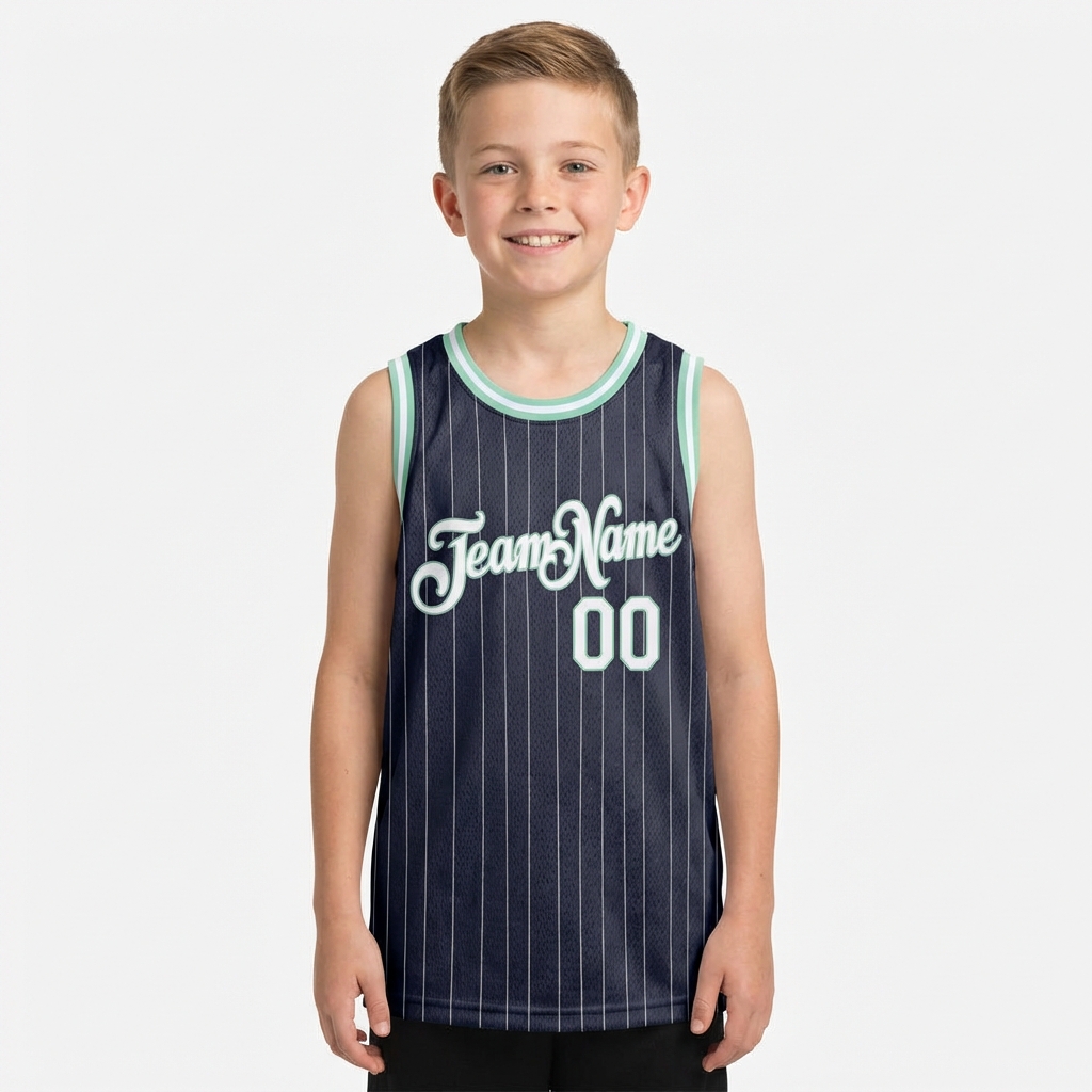 Custom Navy & White/Green Pinstripes Basketball City Edition Jersey