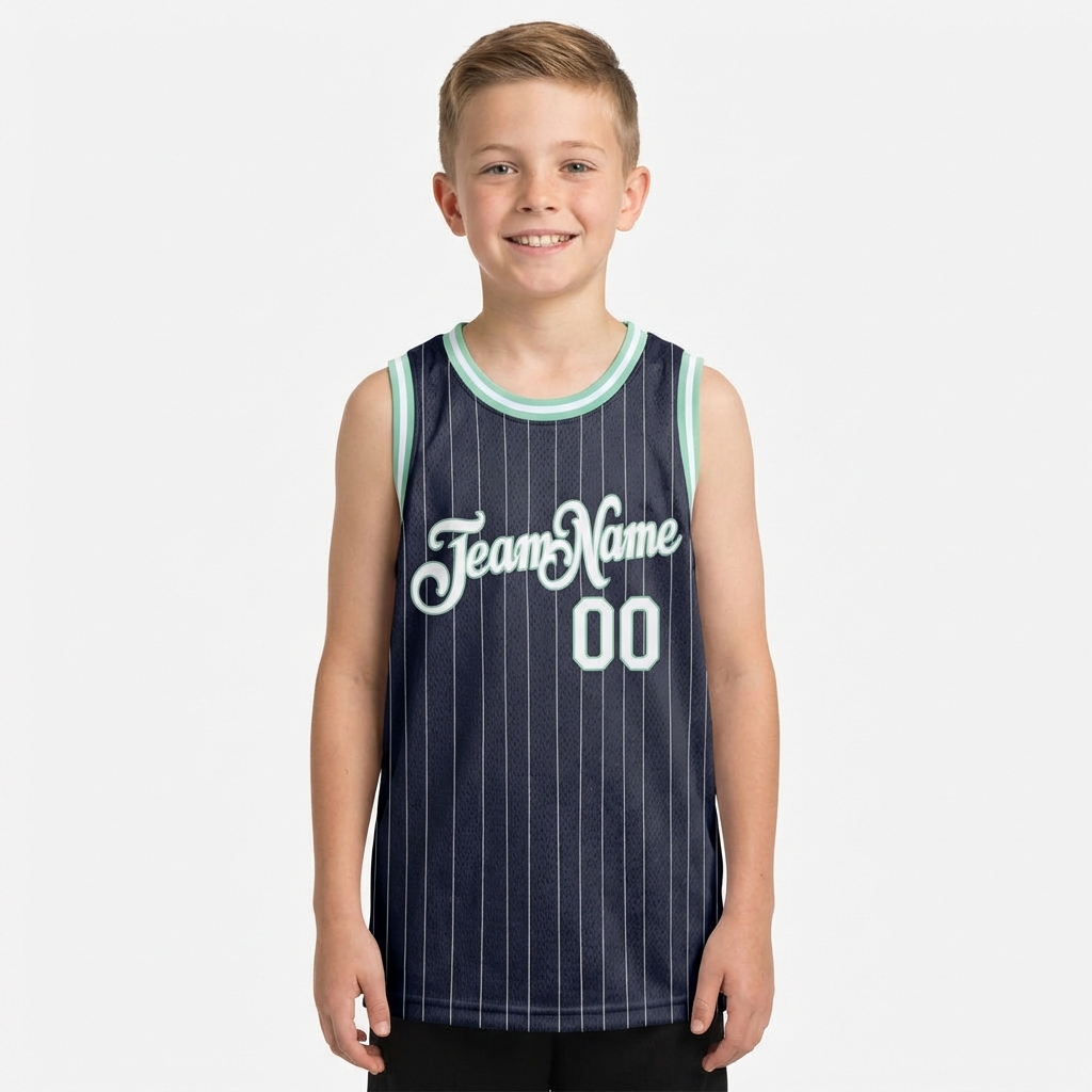 Custom Navy & White/Green Pinstripes Basketball City Edition Jersey