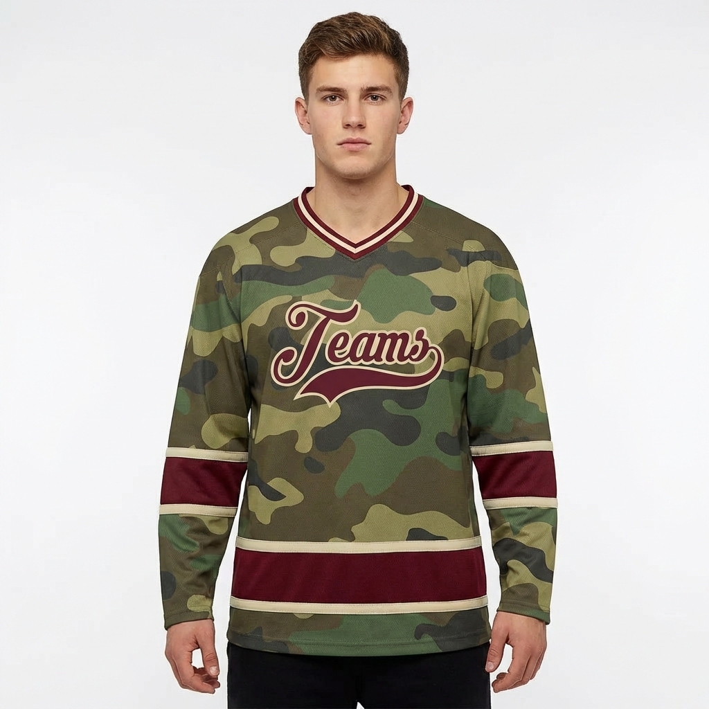 Custom Camo Burgundy & Cream Salute To Service Hockey Jersey