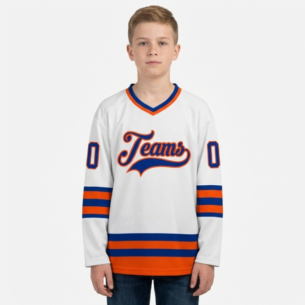Custom White & Royal/Orange Hockey Jersey