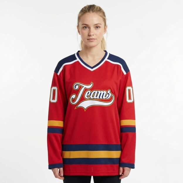 Custom Red & White/Navy-Gold Hockey Jersey
