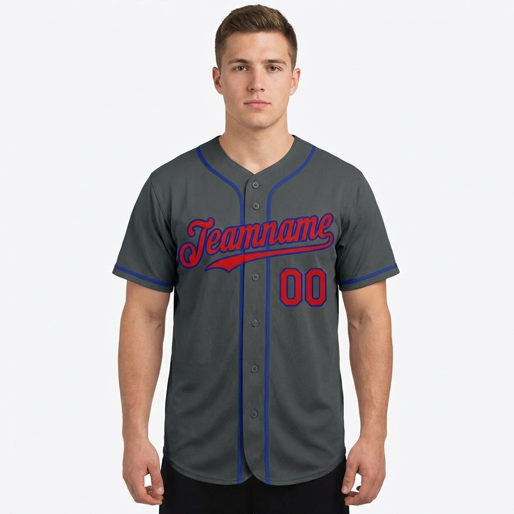 Custom Dark Grey & Red/Blue Baseball Jersey