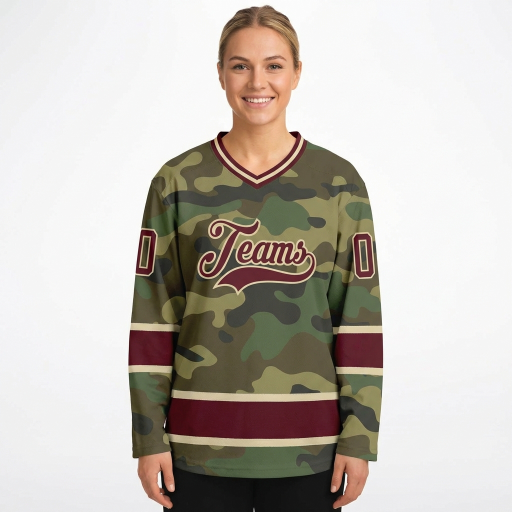 Custom Camo Burgundy & Cream Salute To Service Hockey Jersey
