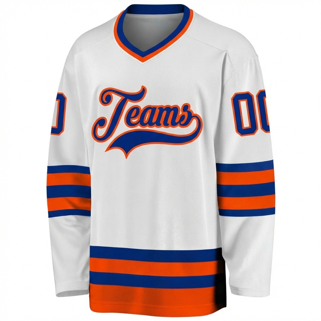 Custom White & Royal/Orange Hockey Jersey