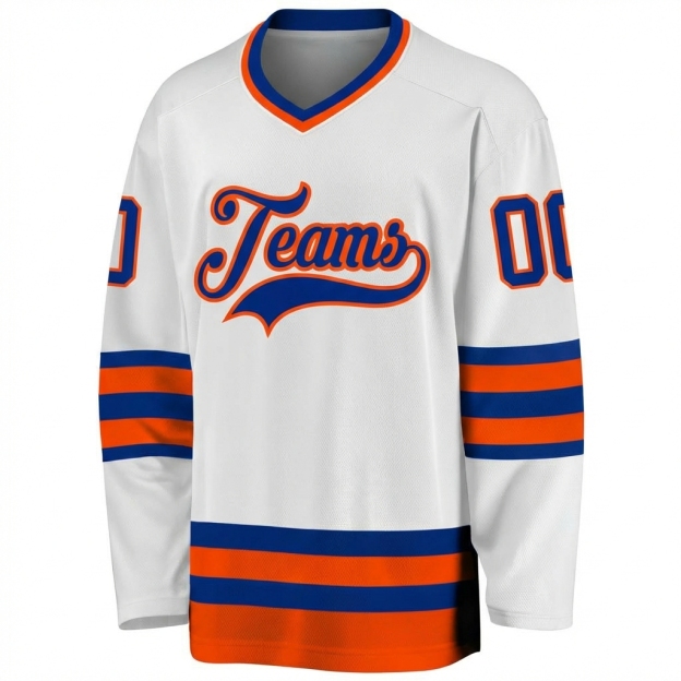 Custom White & Royal/Orange Hockey Jersey