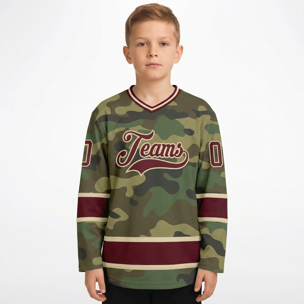 Custom Camo Burgundy & Cream Salute To Service Hockey Jersey