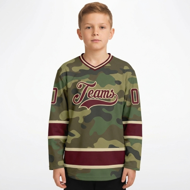 Custom Camo Burgundy & Cream Salute To Service Hockey Jersey