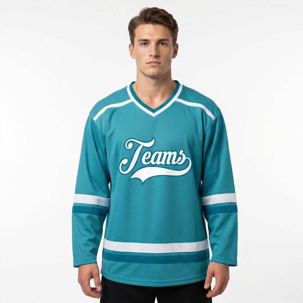 Custom Aqua & White/Teal Hockey Jersey