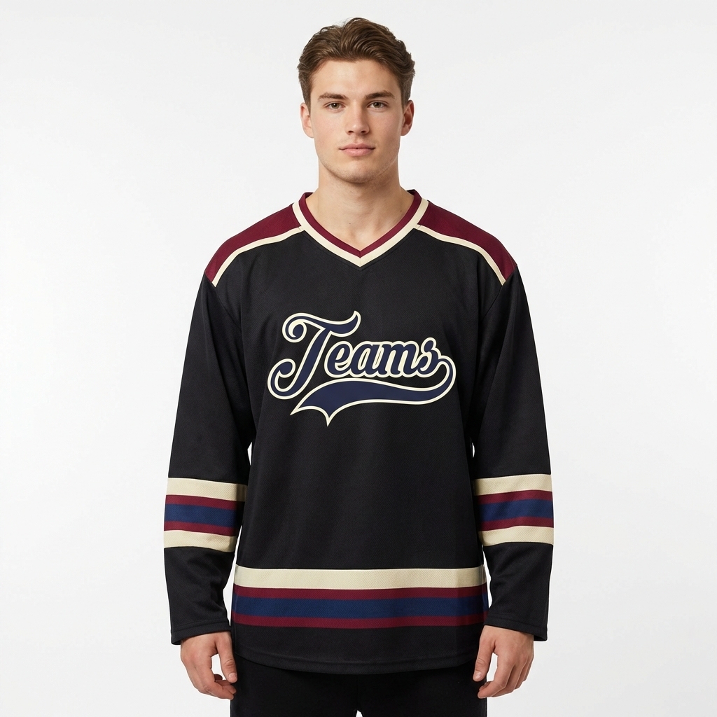 Custom Black & Navy/Cream Hockey Jersey