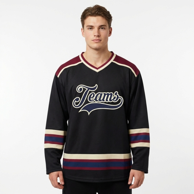 Custom Black & Navy/Cream Hockey Jersey