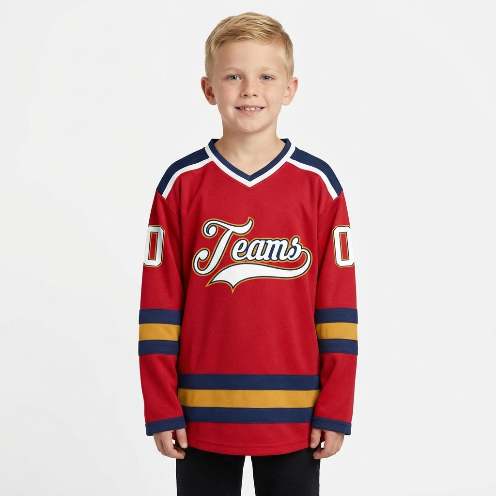 Custom Red & White/Navy-Gold Hockey Jersey