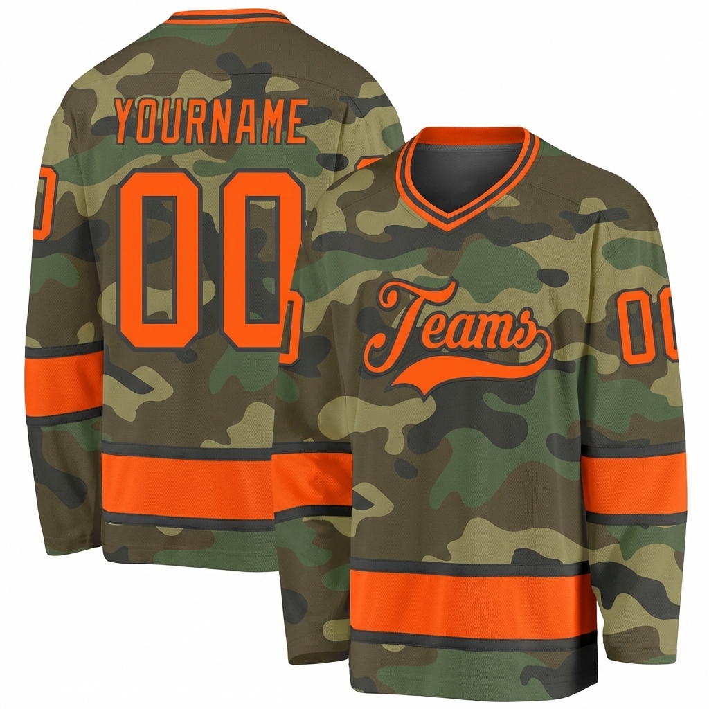 Custom Camo Orange & Black Salute To Service Hockey Jersey
