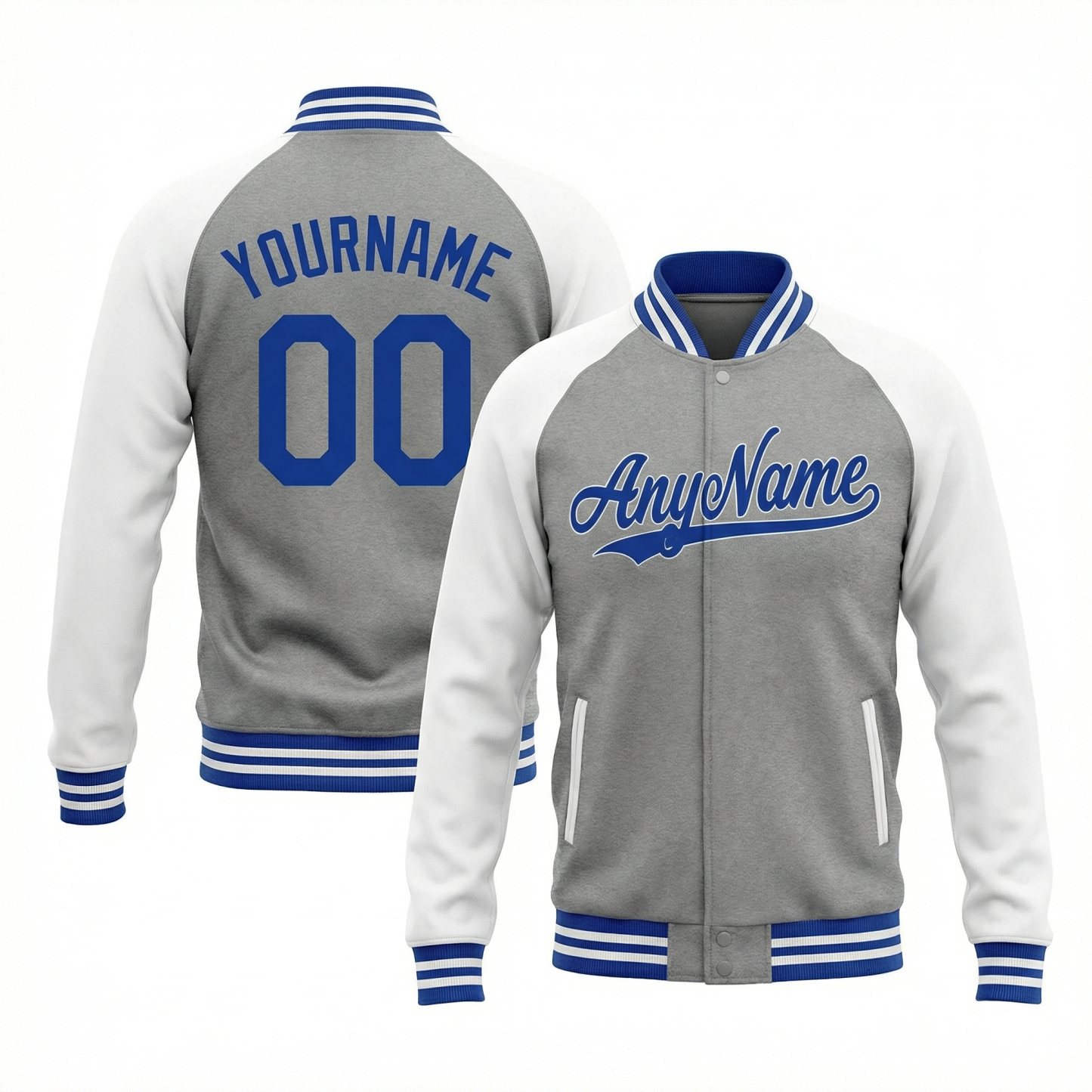 Custom Grey & Royal/White Raglan Sleeves Full-Snap Fleece Jacket