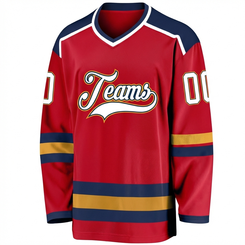 Custom Red & White/Navy-Gold Hockey Jersey