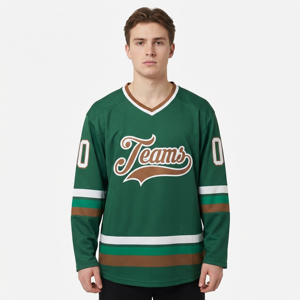 Custom Dark Green & Brown/White Hockey Jersey