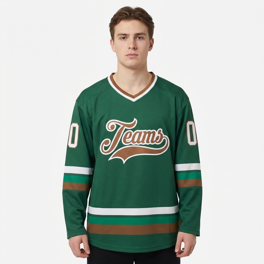 Custom Dark Green & Brown/White Hockey Jersey