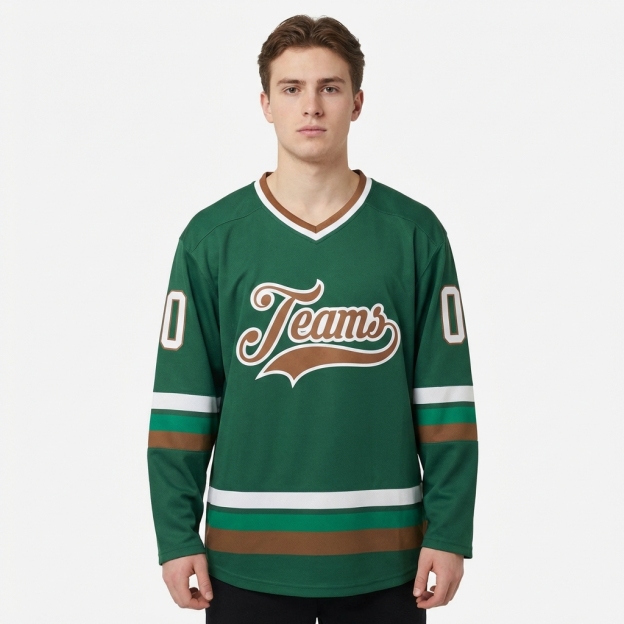 Custom Dark Green & Brown/White Hockey Jersey