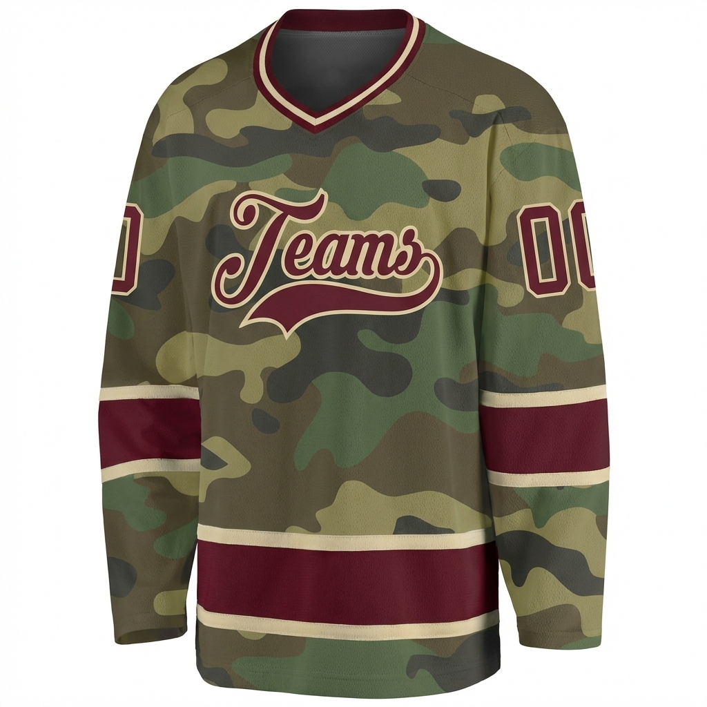 Custom Camo Burgundy & Cream Salute To Service Hockey Jersey