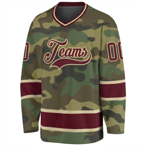 Custom Camo Burgundy & Cream Salute To Service Hockey Jersey