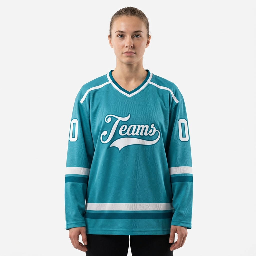 Custom Aqua & White/Teal Hockey Jersey