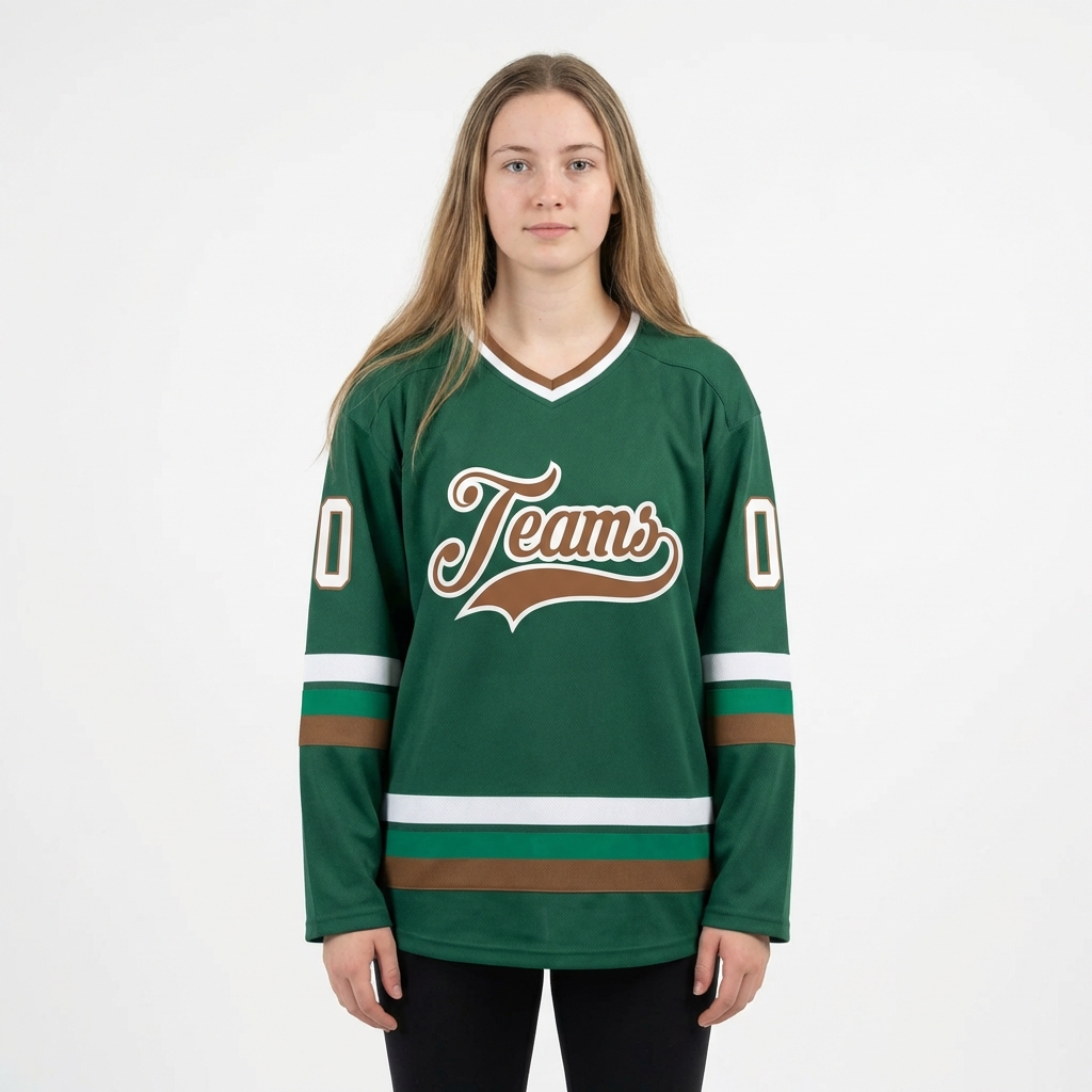 Custom Dark Green & Brown/White Hockey Jersey