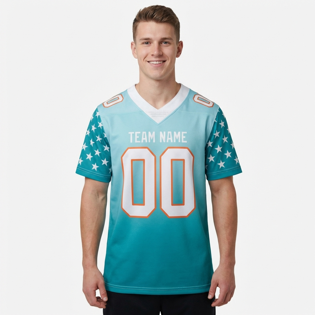 Custom Aqua & White/Orange Gradient Fashion Stars 3D Pattern Football Jersey