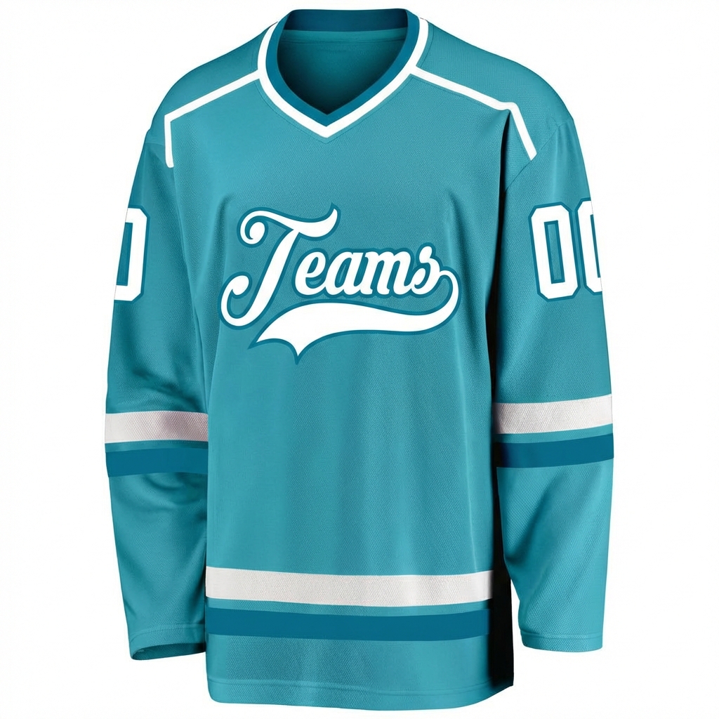 Custom Aqua & White/Teal Hockey Jersey