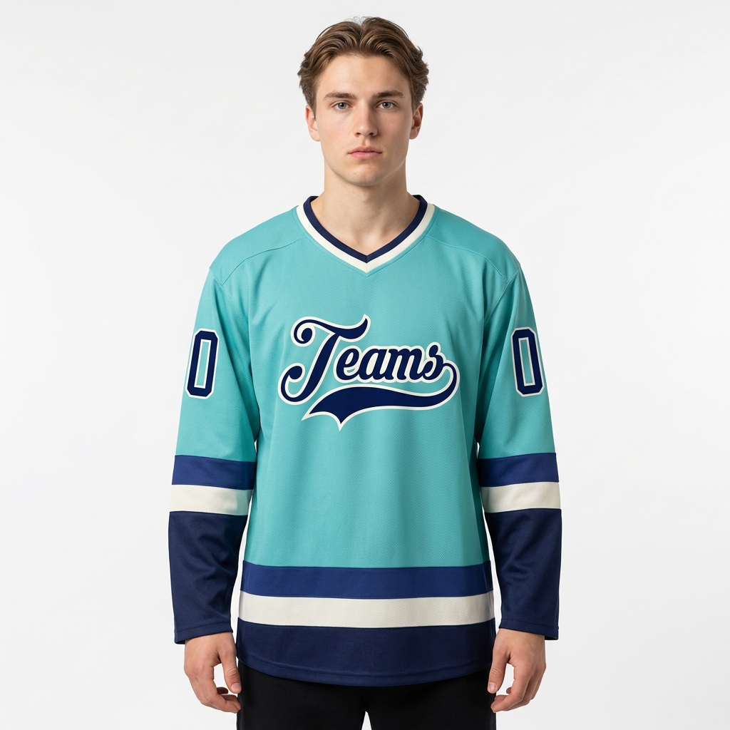Custom Aqua & Navy/White Hockey Jersey