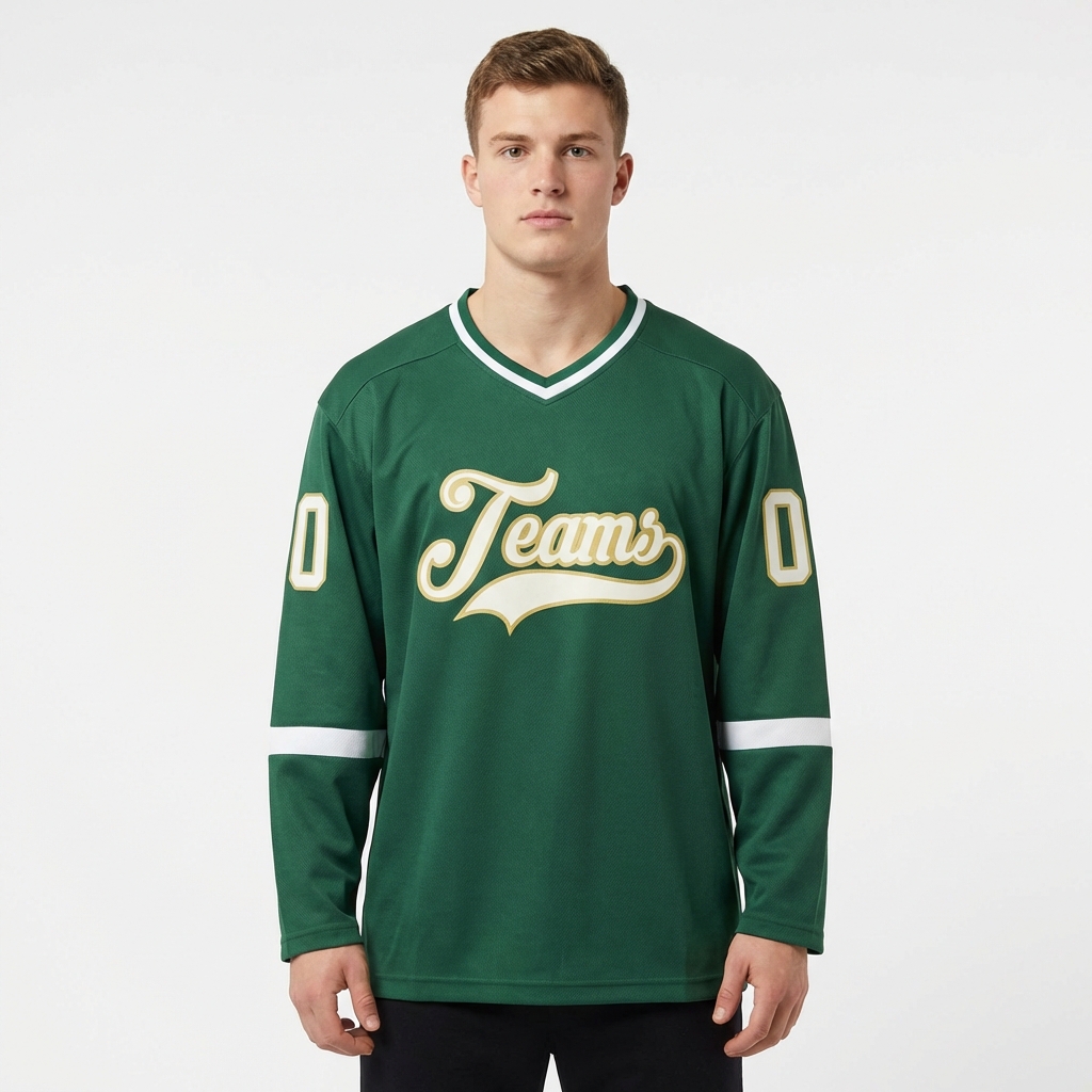 Custom Dark Green & White/Khaki Hockey Jersey