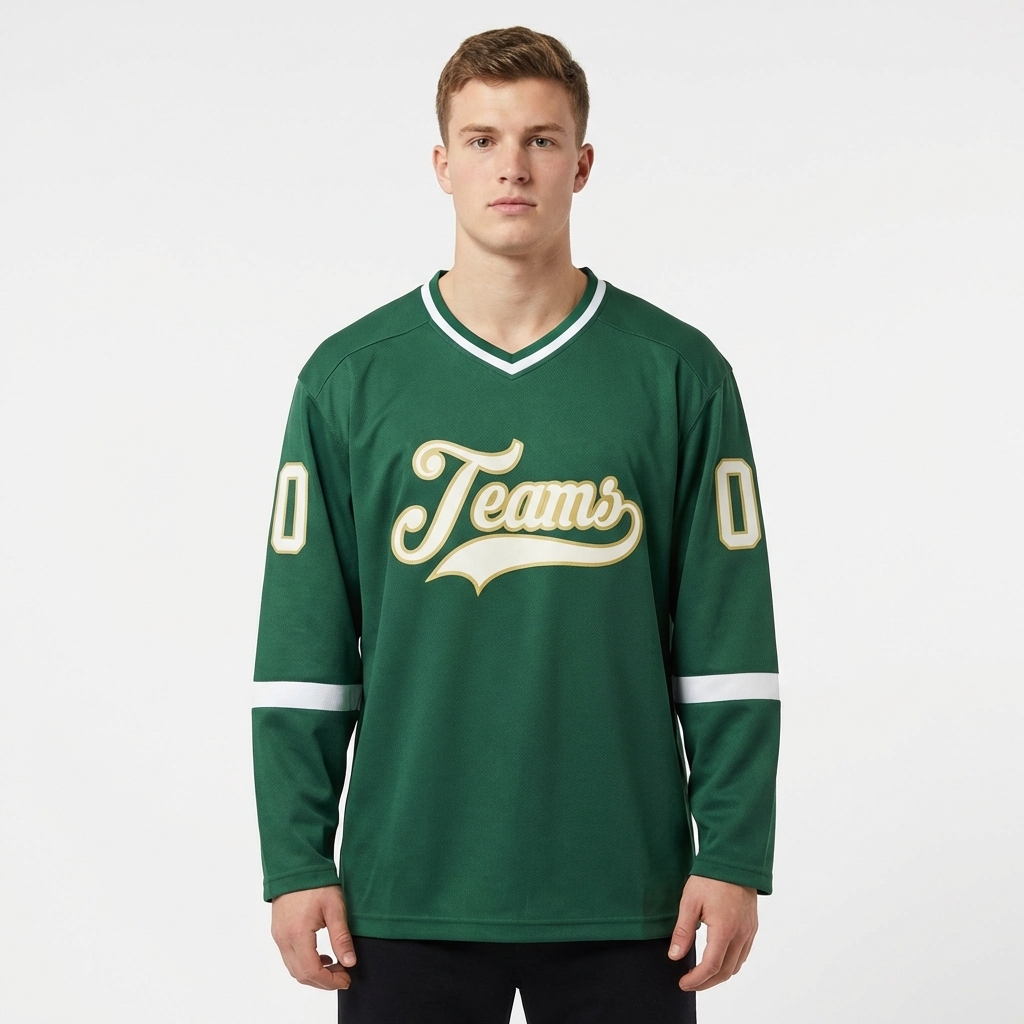 Custom Dark Green & White/Khaki Hockey Jersey