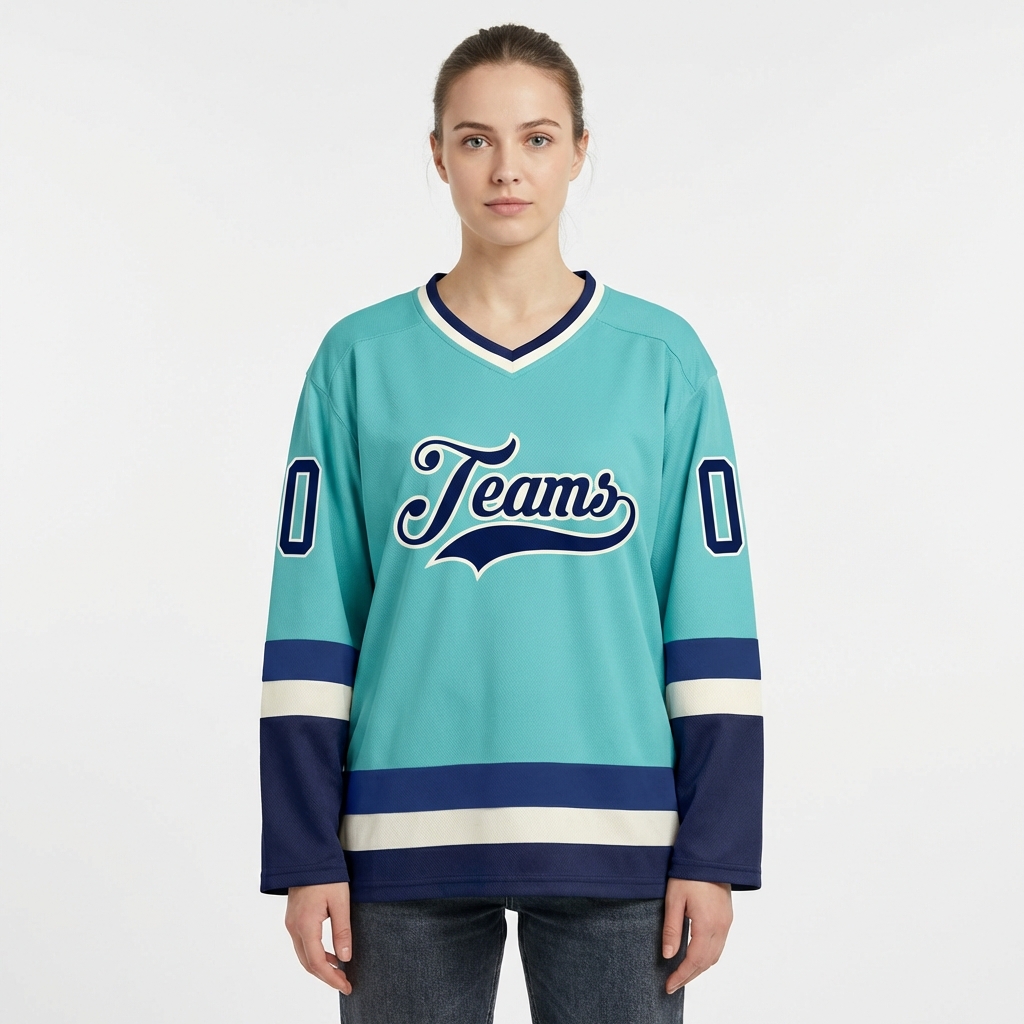Custom Aqua & Navy/White Hockey Jersey