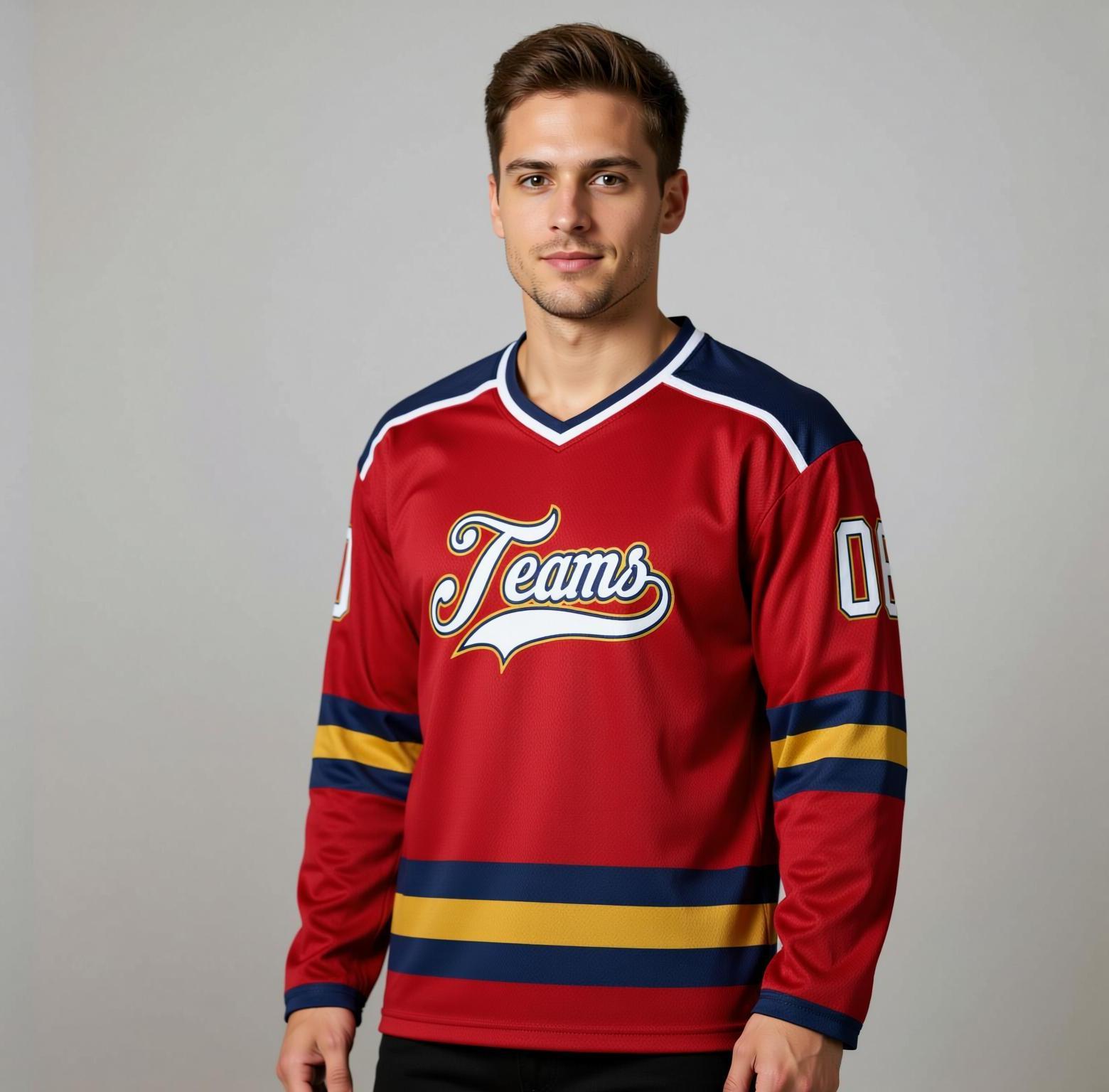 Custom Red & White/Navy Hockey Jersey