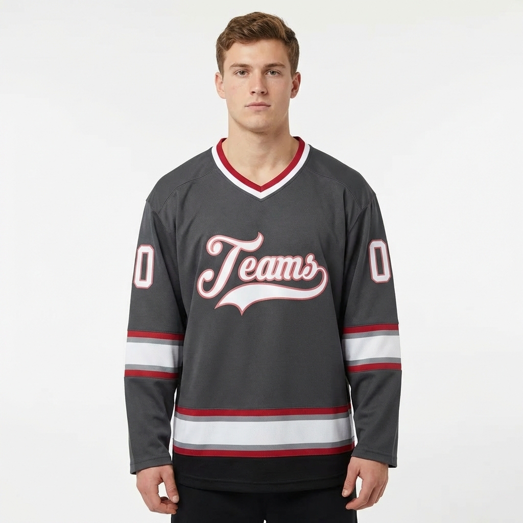 Custom Dark Grey & White/Burgundy Hockey Jersey