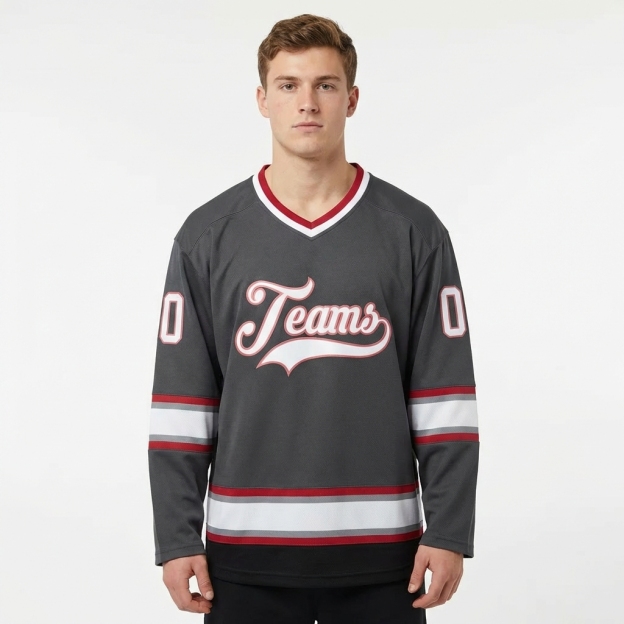 Custom Dark Grey & White/Burgundy Hockey Jersey