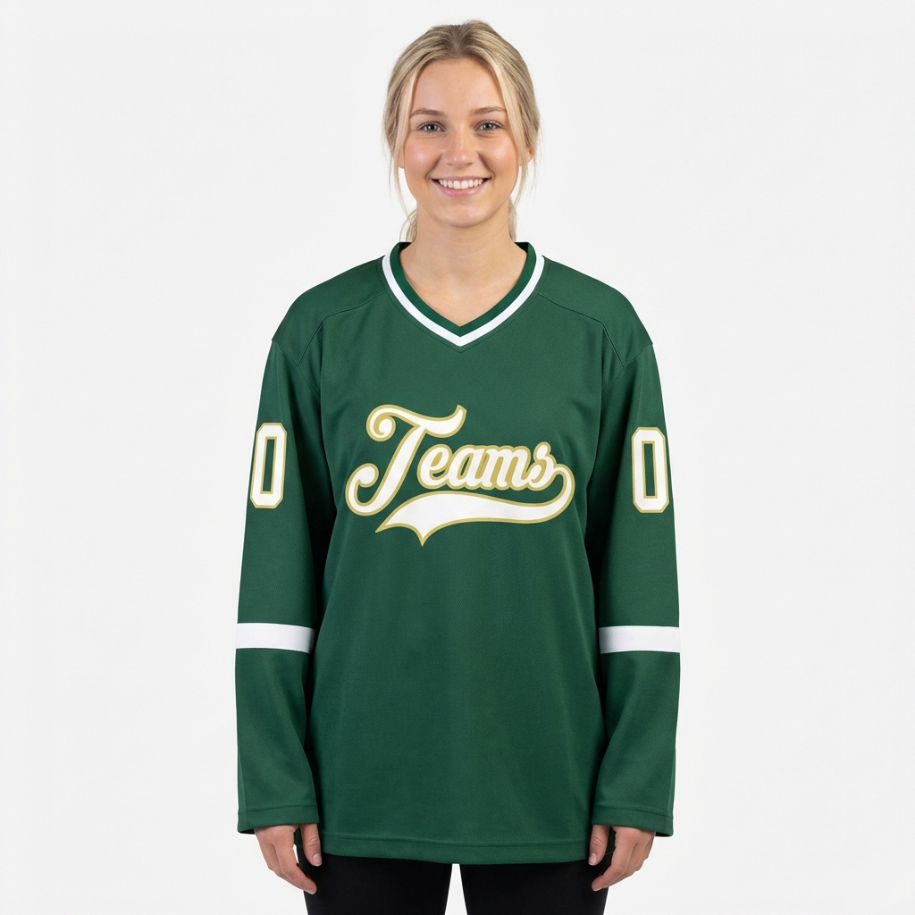 Custom Dark Green & White/Khaki Hockey Jersey