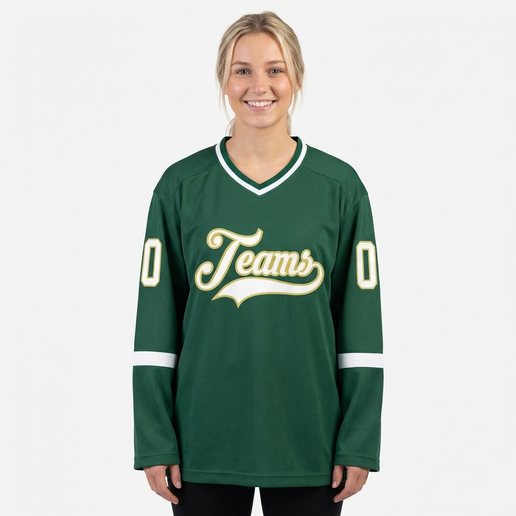 Custom Dark Green & White/Khaki Hockey Jersey