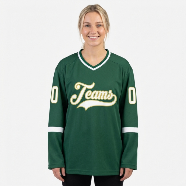 Custom Dark Green & White/Khaki Hockey Jersey