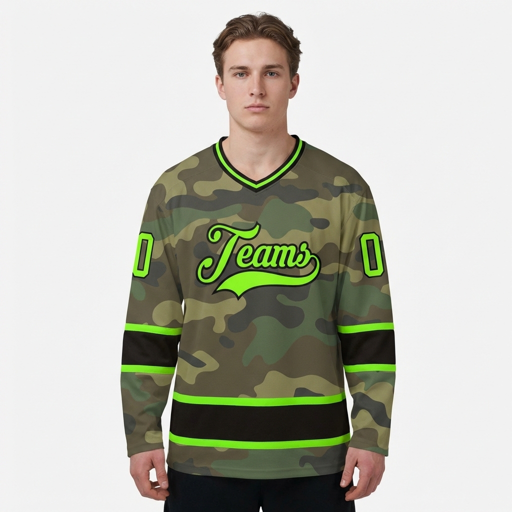 Custom Camo Green & Black Salute To Service Hockey Jersey