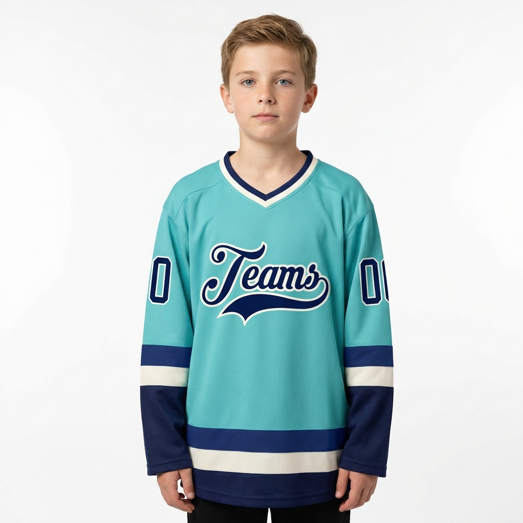 Custom Aqua & Navy/White Hockey Jersey