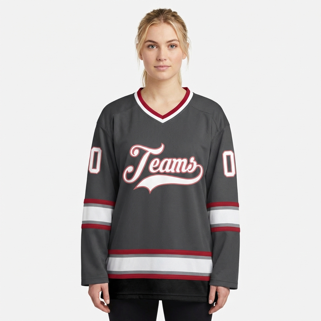 Custom Dark Grey & White/Burgundy Hockey Jersey