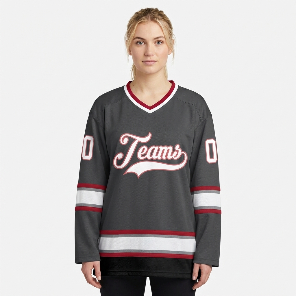 Custom Dark Grey & White/Burgundy Hockey Jersey