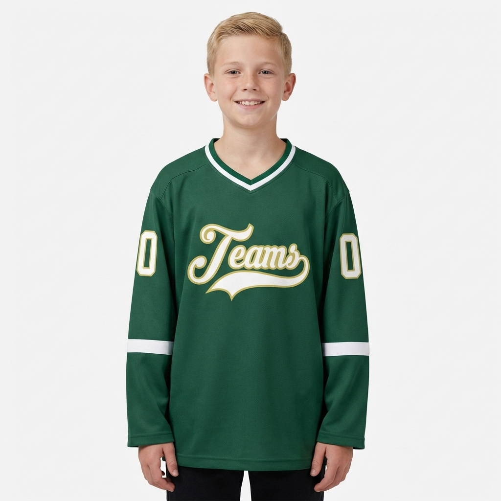 Custom Dark Green & White/Khaki Hockey Jersey