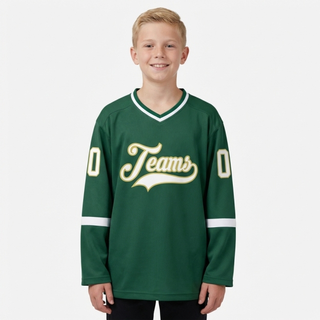 Custom Dark Green & White/Khaki Hockey Jersey