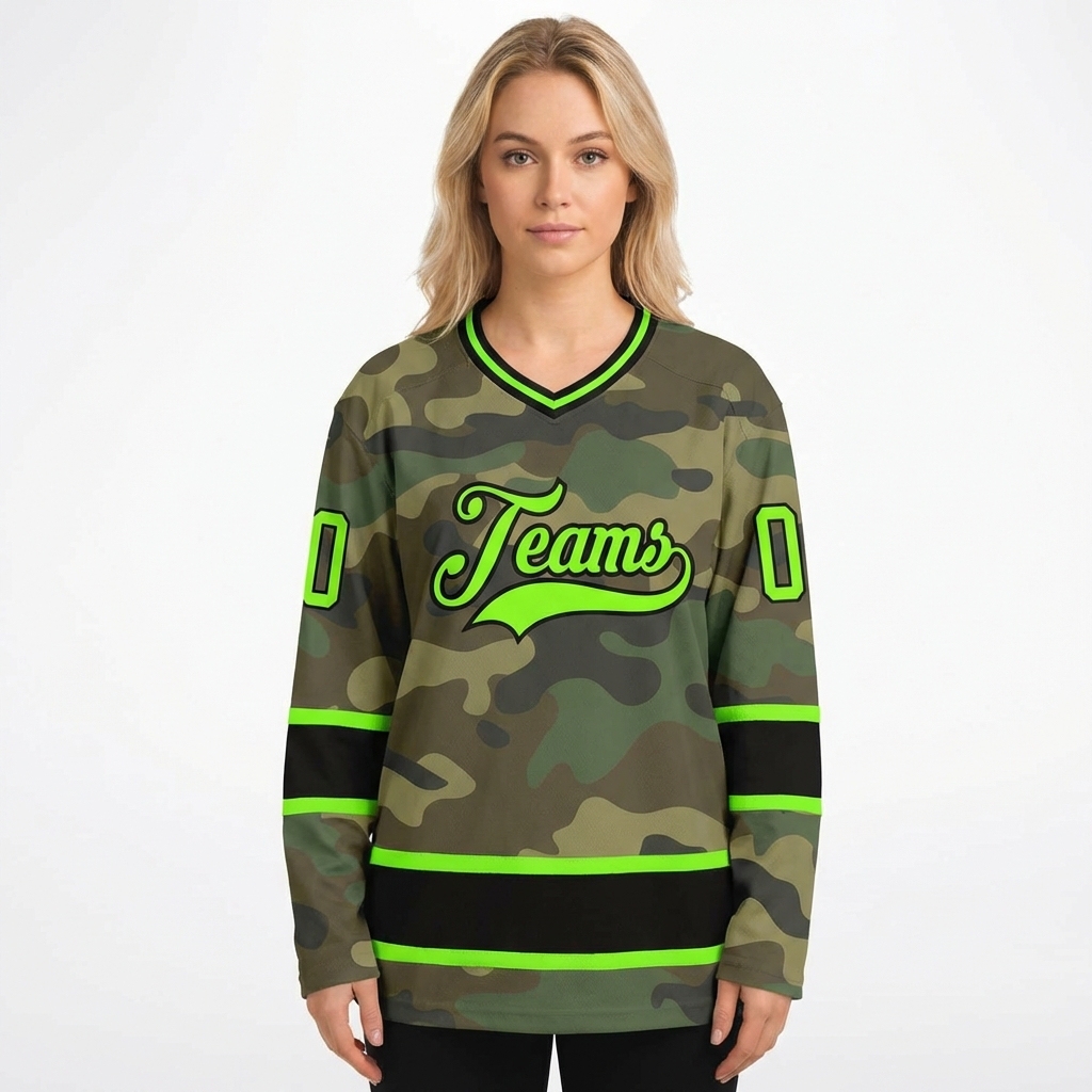 Custom Camo Green & Black Salute To Service Hockey Jersey