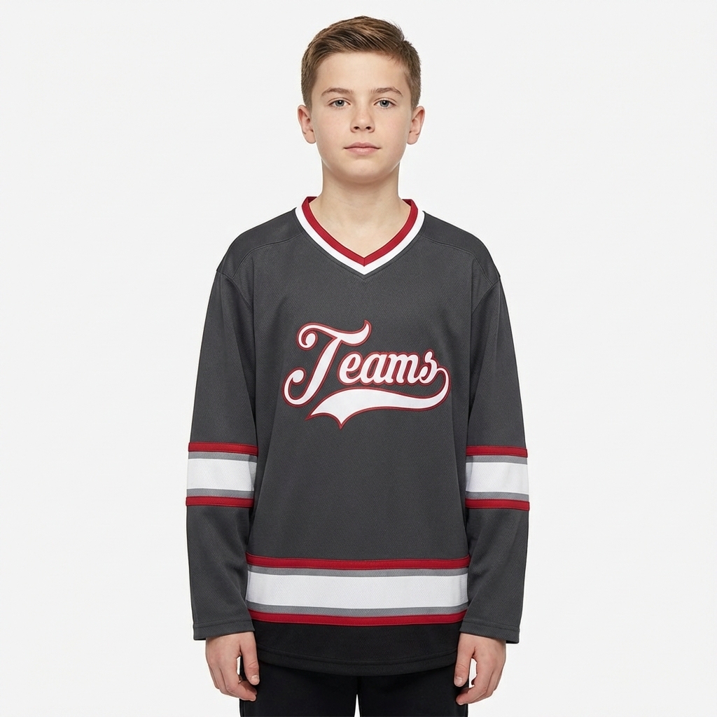 Custom Dark Grey & White/Burgundy Hockey Jersey