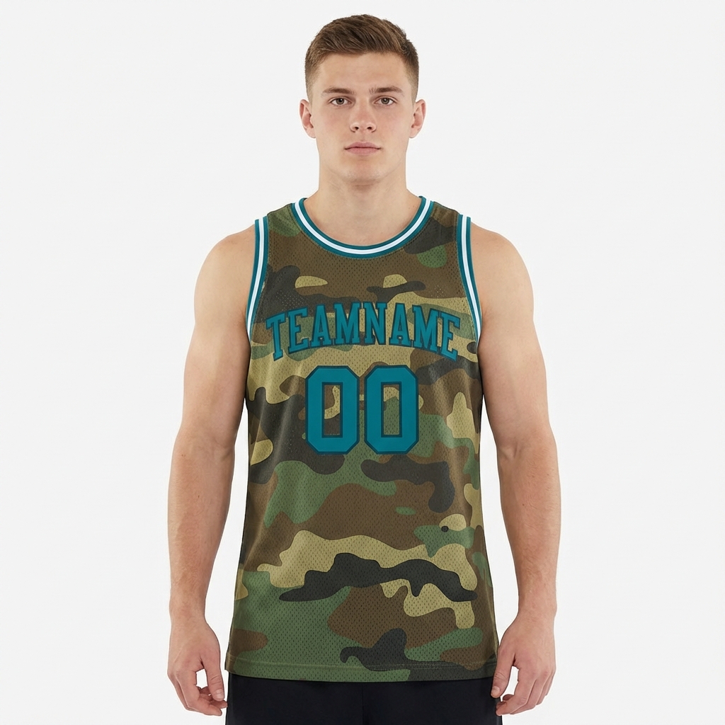 Custom Camo Teal & White Salute To Service Basketball City Edition Jersey