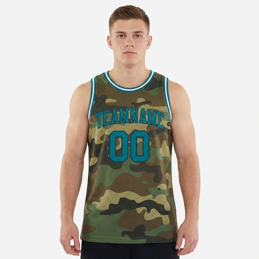 Custom Camo Teal & White Salute To Service Basketball City Edition Jersey